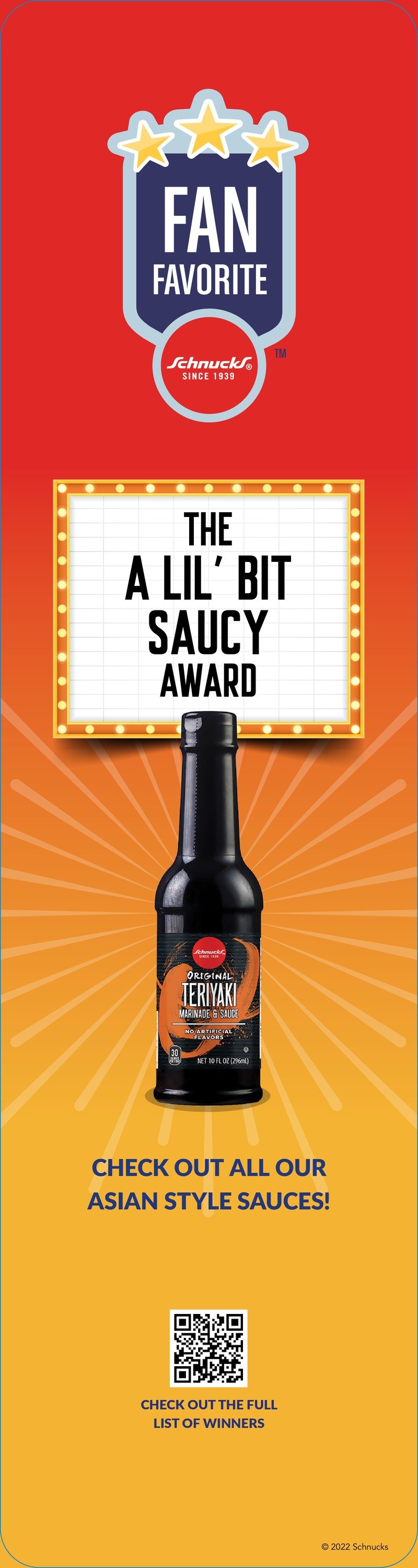A Schnucks Fan Favorite blade sign: 'The A Lil' Bit Saucy Award' for a bottle of teriyaki sauce