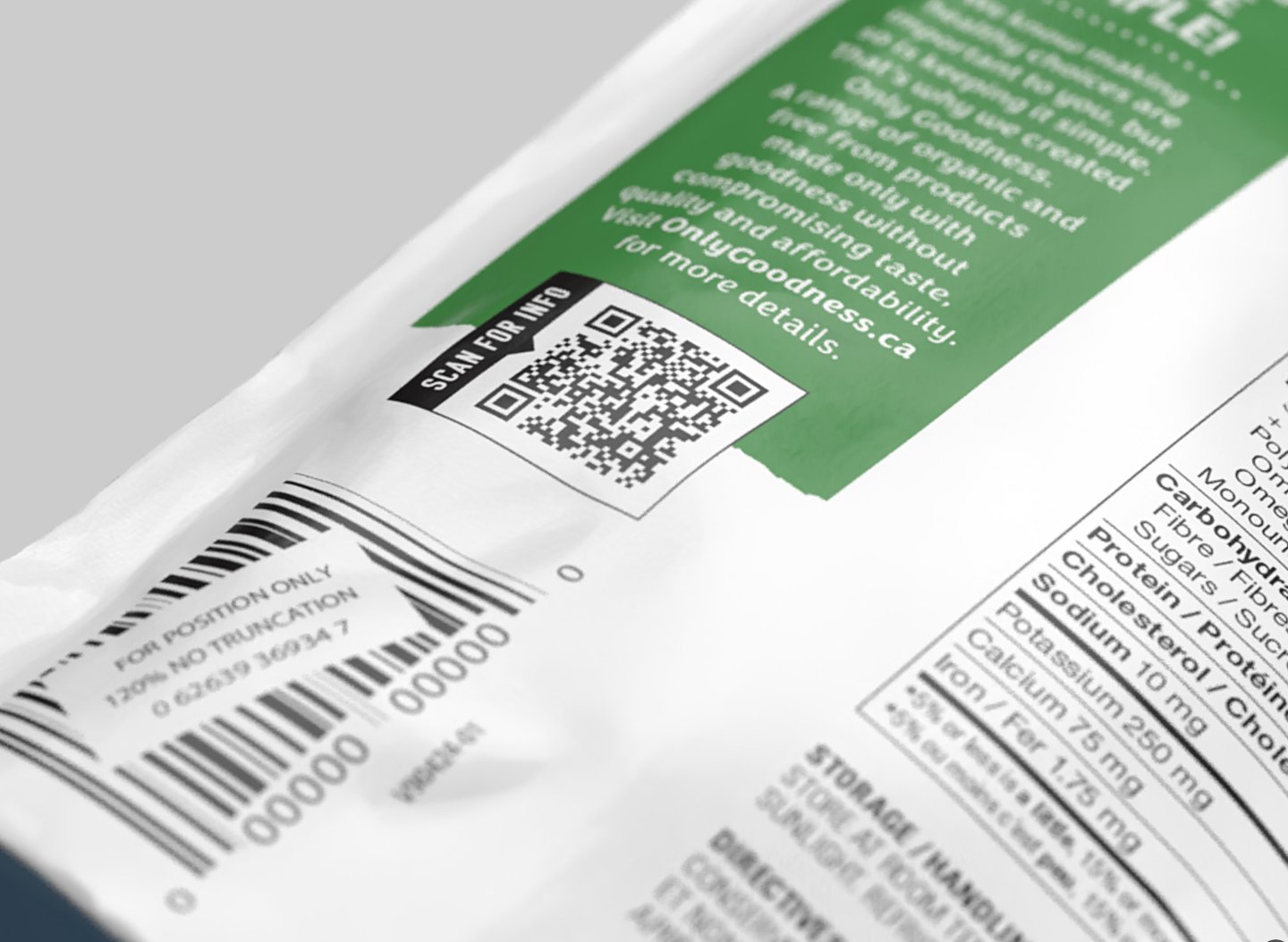 Scan for info: the QR code on an Only Goodness pouch beside its nutrition panel