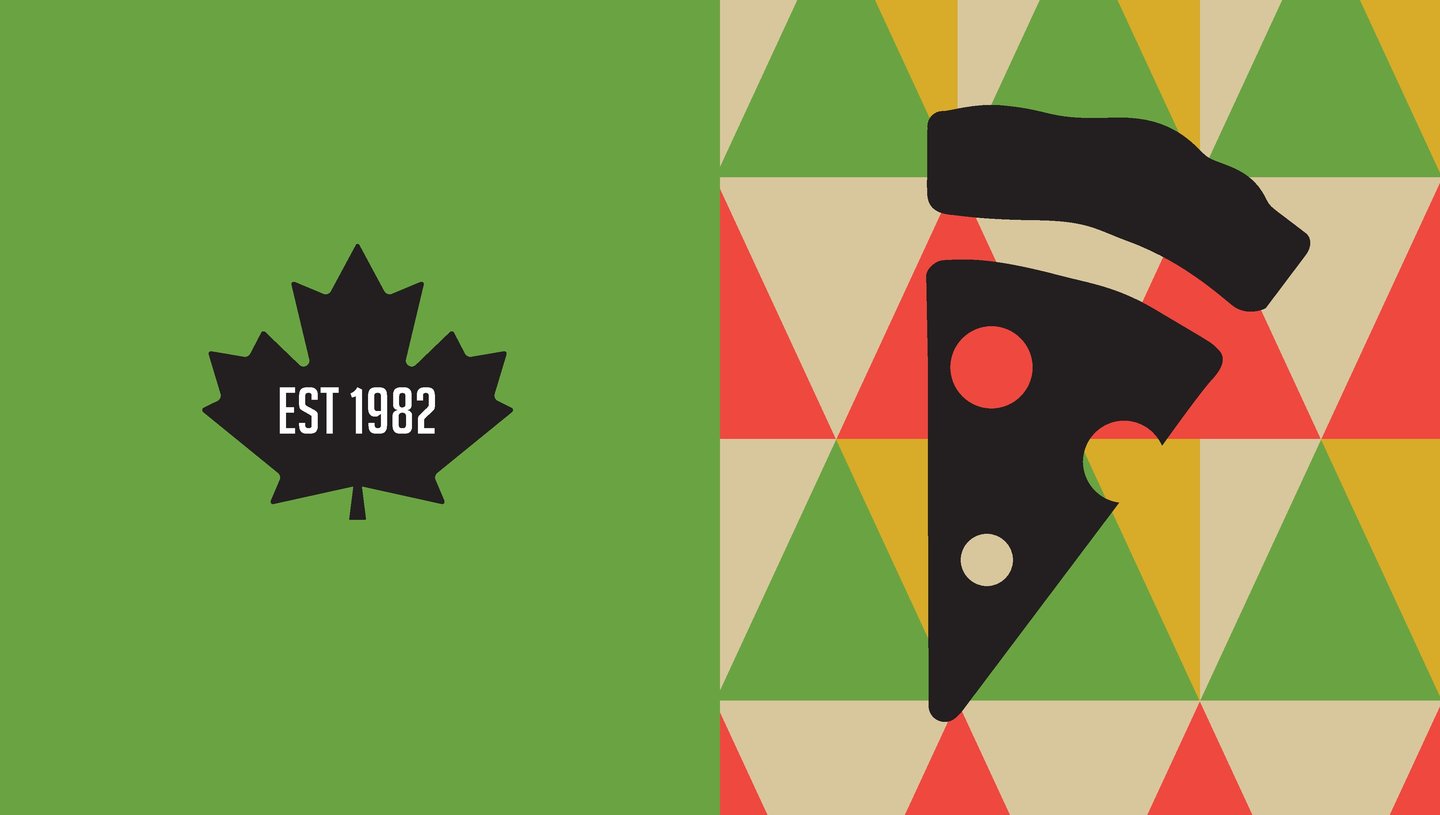The Topper's 'Est 1982' maple leaf mark on green, beside a black pizza slice on a red, green and cream triangle pattern