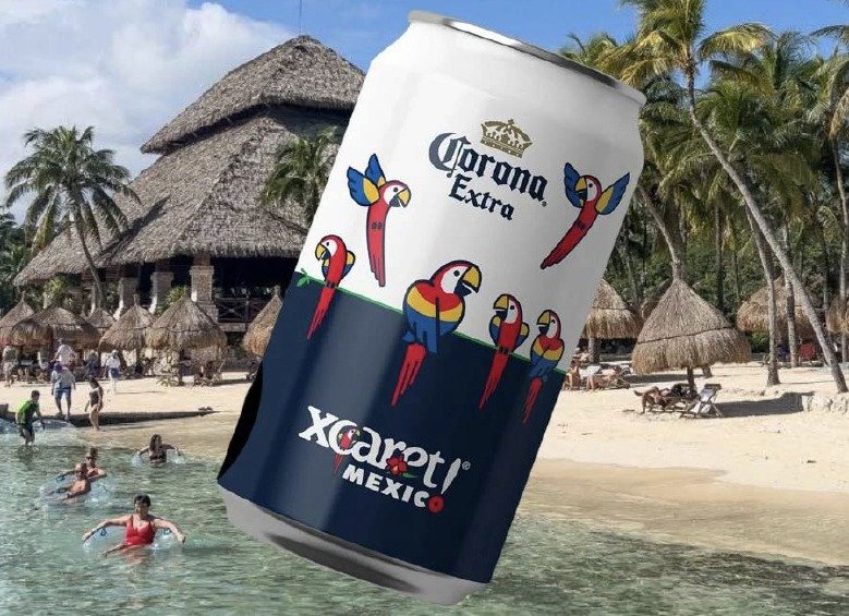 A Corona Extra can decorated with parrots for Xcaret, Mexico, in front of a palm-lined beach