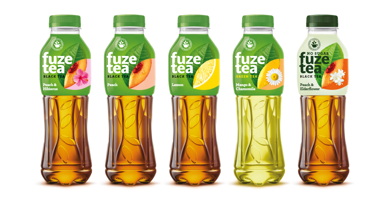 The original Fuze Tea line-up from Bulgaria: five bottles of peach hibiscus, peach, lemon, mango chamomile and peach elderflower black and green teas