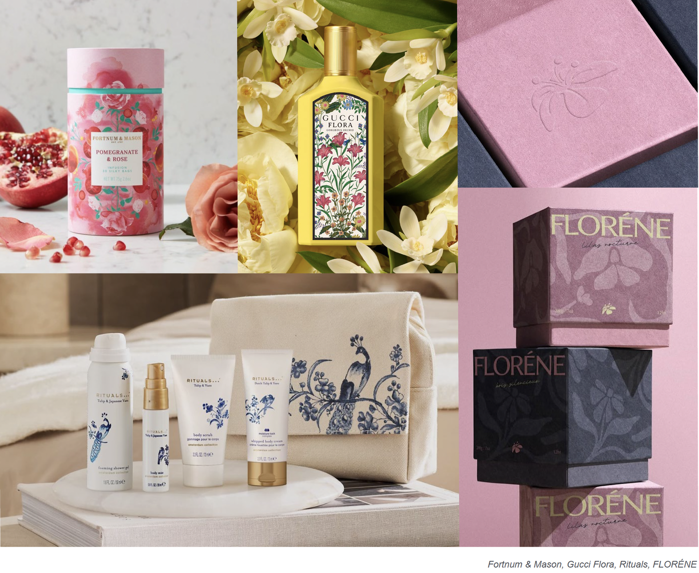 Bold botanical packaging: Fortnum & Mason tins, Gucci Flora perfume, Rituals skincare and Florene boxes