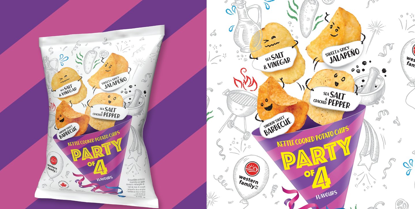 The Party of 4 kettle cooked chip bag on purple stripes, beside its four chip characters: sea salt & vinegar, sweet & spicy jalapeno, sea salt cracked pepper and smokin' barbecue