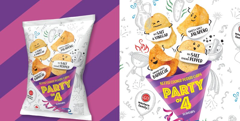 The Party of 4 kettle cooked chip bag on purple stripes, beside its four chip characters: sea salt & vinegar, sweet & spicy jalapeno, sea salt cracked pepper and smokin' barbecue