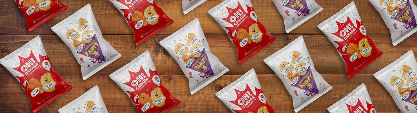 Oh! Canada and Party of 4 chip bags scattered across a wooden table