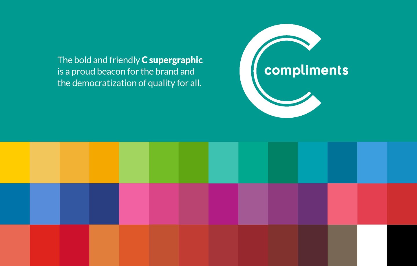 The Compliments C supergraphic logo on teal above the brand's colour palette of yellows, greens, blues, pinks and reds