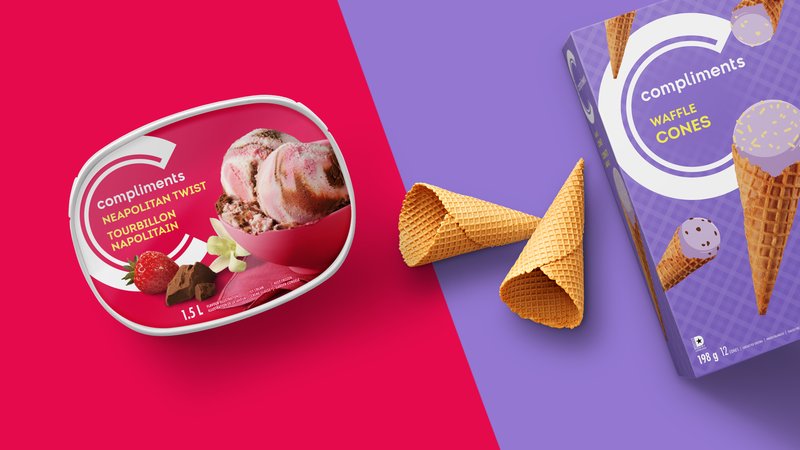 Compliments Neapolitan Twist ice cream tub and waffle cones box on a pink and purple background