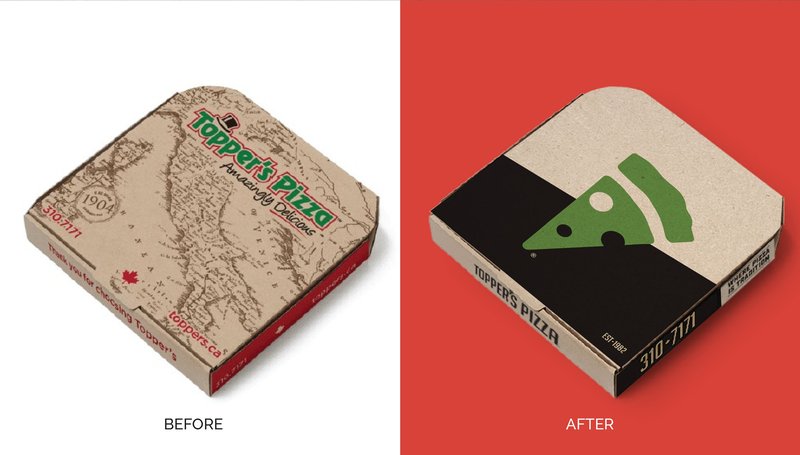 The Topper's pizza box before and after: the old kraft box with green lettering and a map, and the new box with the black wordmark and green pizza slice
