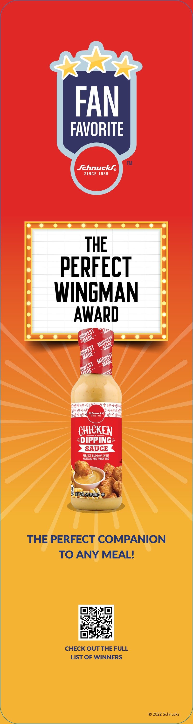 A Schnucks Fan Favorite blade sign: 'The Perfect Wingman Award' for a bottle of chicken dipping sauce