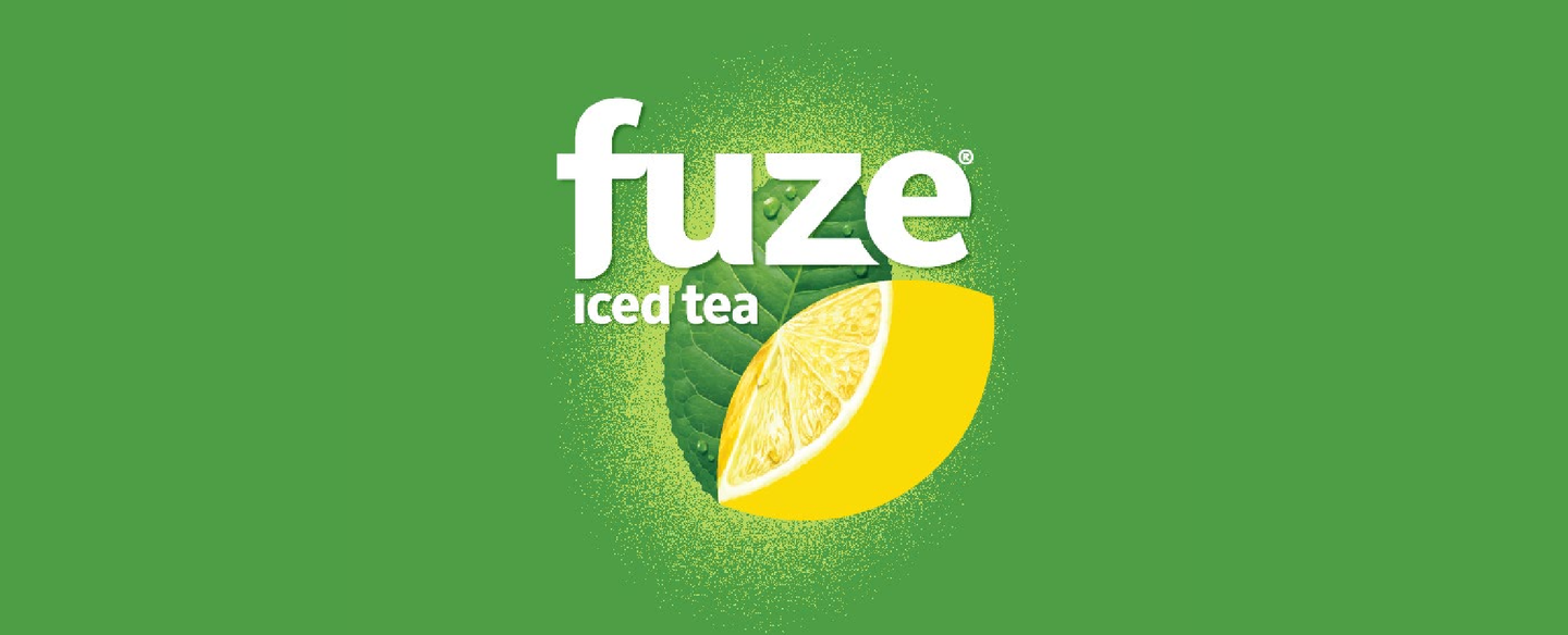 The adapted Fuze iced tea logo: white lettering over a lemon slice and tea leaf on green