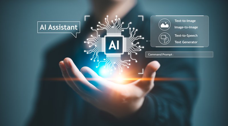 A person holds a glowing AI chip in an open palm, with 'AI Assistant' and text-to-image, image-to-image, text-to-speech and text generator labels floating around it