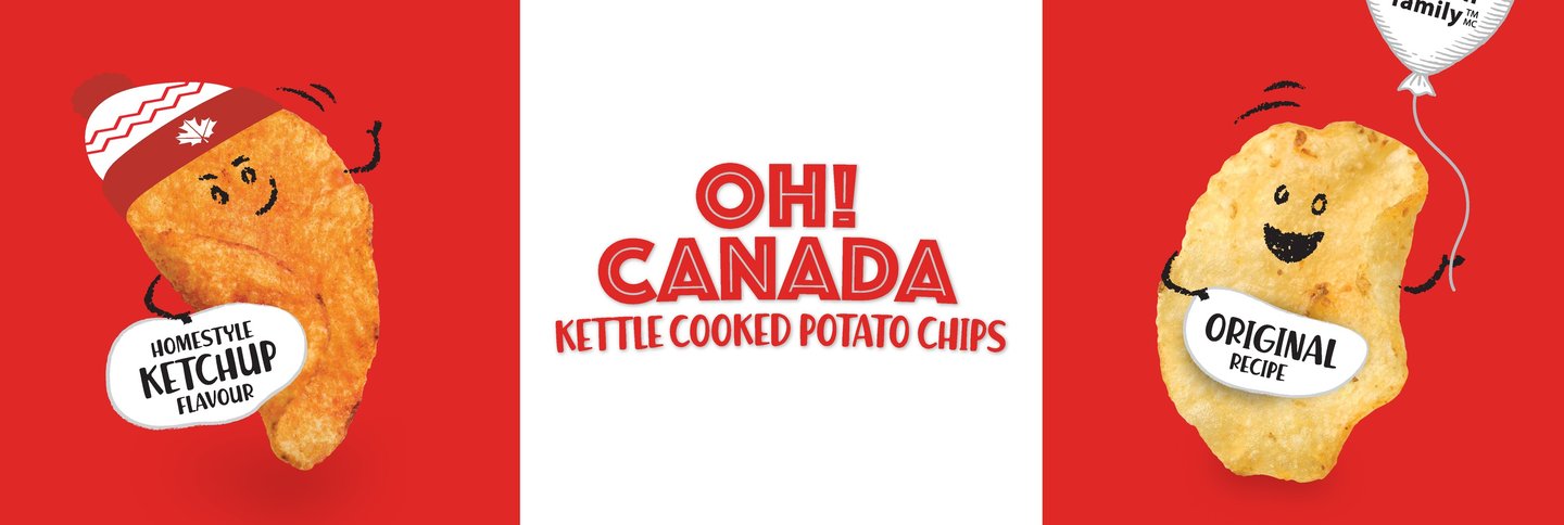 The Oh! Canada chip characters: a Homestyle Ketchup chip in a toque and an Original Recipe chip with a balloon, with the Oh! Canada logo