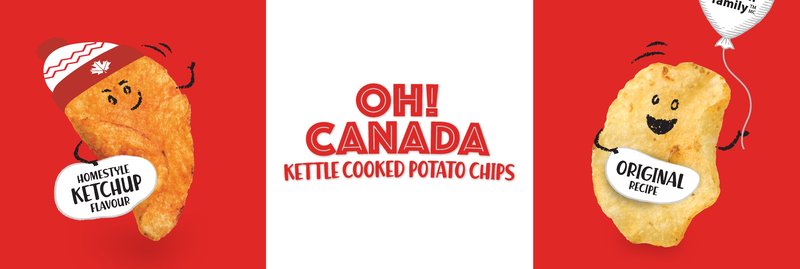 The Oh! Canada chip characters: a Homestyle Ketchup chip in a toque and an Original Recipe chip with a balloon, with the Oh! Canada logo