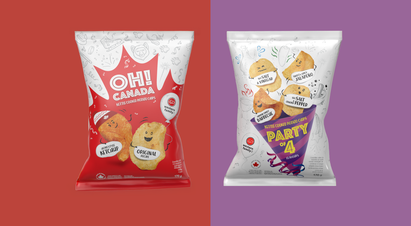The limited-edition Oh! Canada and Party of 4 chip bags side by side on red and purple