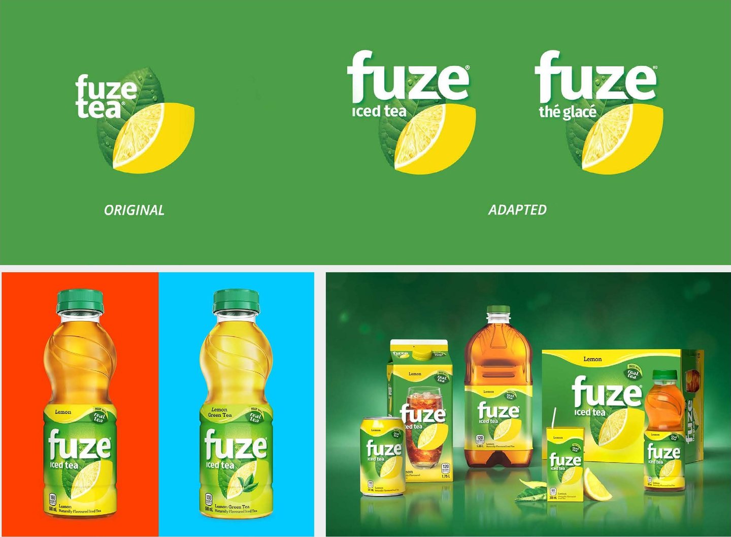Fuze Tea's original logo and the adapted Canadian logos, above the Canadian bottles and product family