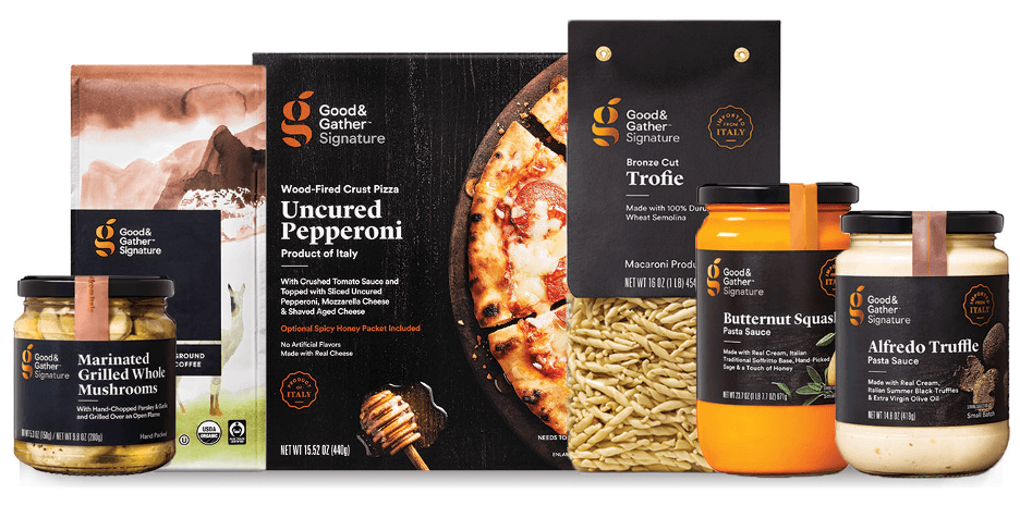 Target's Good & Gather Signature range: marinated mushrooms, uncured pepperoni pizza, trofie pasta, butternut squash and alfredo truffle sauces