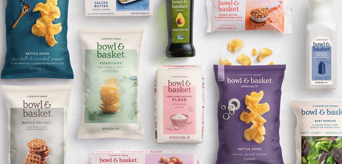 Wakefern's Bowl & Basket range in one design system: kettle chips, waffle pretzels, flour, pasta, avocado oil, sauce and dish soap