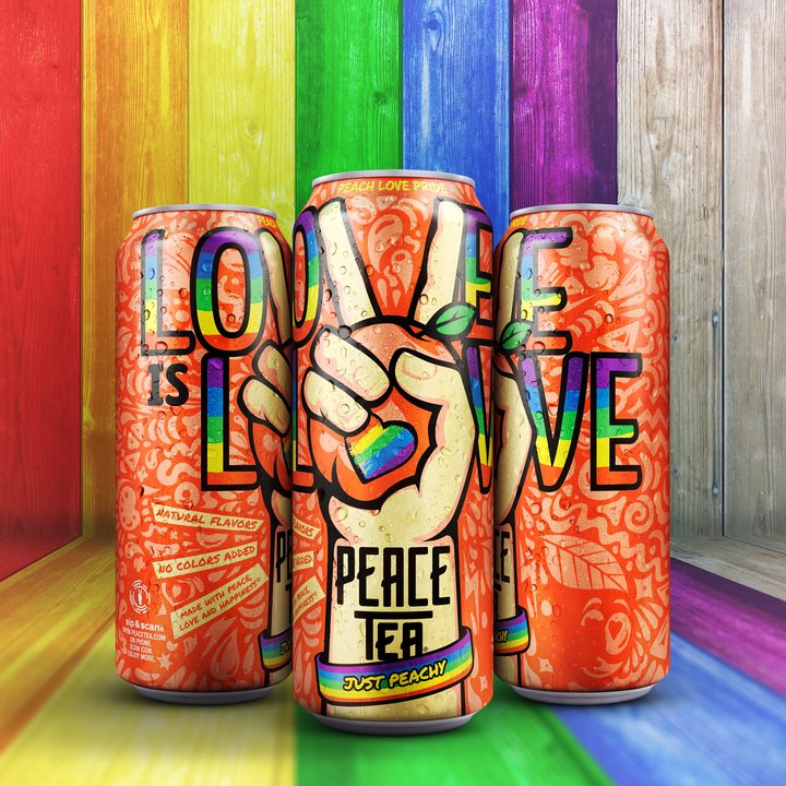 Three Peace Tea Peach Love Pride cans, whose peace-sign hands spell 'Love is Love', on rainbow-painted boards