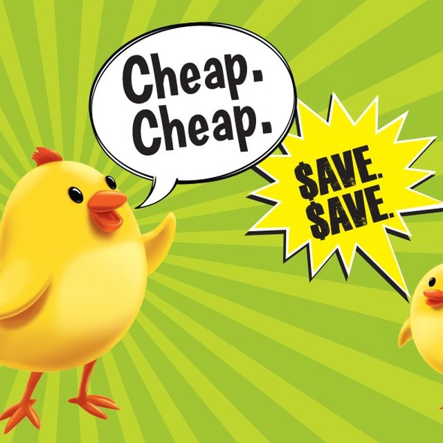 Cheapy, FreshCo's yellow cartoon spokesbird, with a 'Cheap. Cheap.' speech bubble and a 'Save. Save.' starburst on a green sunburst background