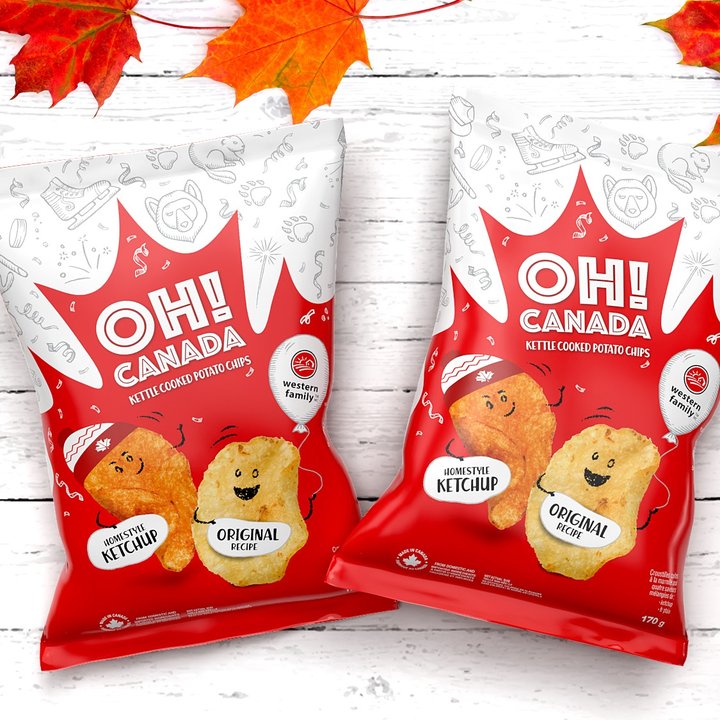 Two bags of Western Family Oh! Canada kettle cooked potato chips, ketchup and original flavours, with maple leaves on white boards