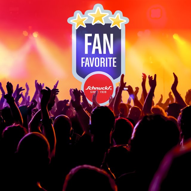 The Schnucks Fan Favorite badge, a blue shield with gold stars, over a concert crowd with raised hands