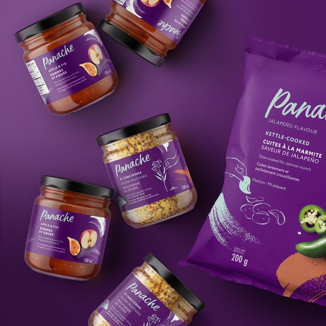 Panache jars of chutney, mustard and jam beside a bag of Panache jalapeno kettle cooked chips on purple