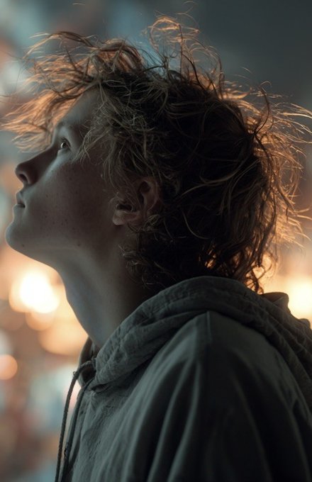 A child looks up at a wall of glowing screens and lights, lost in the glare