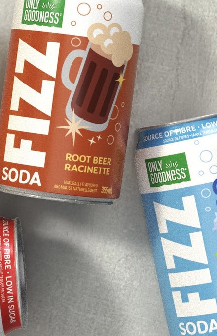 Only Goodness Fizz soda cans in tropical, root beer, classic cola and blue razz flavours on a stone counter with glasses of ice and lime