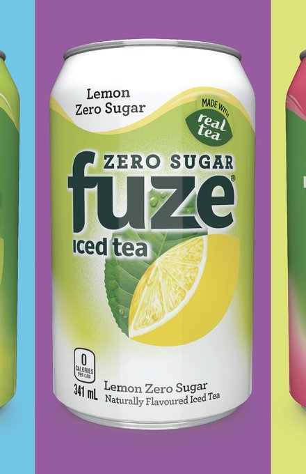 Five Fuze iced tea cans on bright colour panels: Lemon, Lemon Green Tea, Lemon Zero Sugar, Raspberry and White Peach