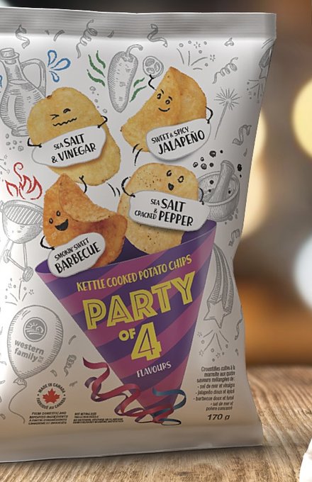 Two Party of 4 kettle cooked chip bags on a wooden table with a bowl of chips, in warm bokeh light